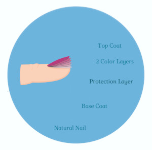 Diagram illustrating the layers of nail polish application, from natural nail to top coat