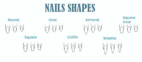 Illustration of nail shapes: Round, Oval, Almond, Square, Square Oval, Coffin, Stiletto